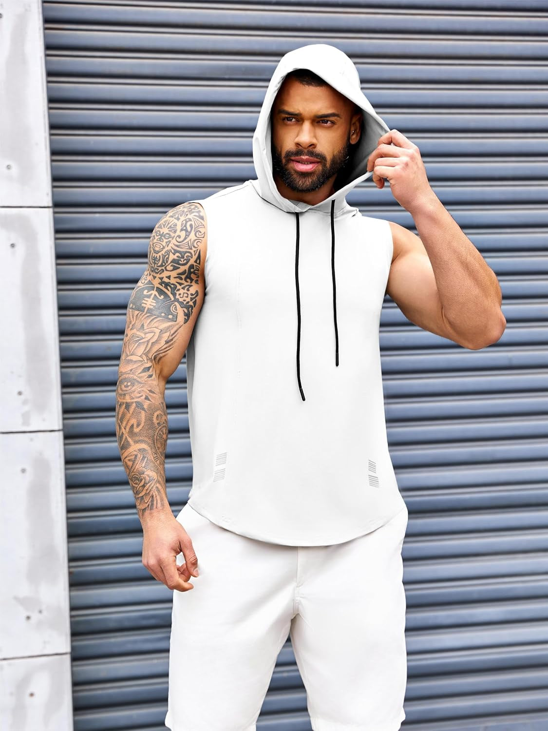 Mens Workout Hooded Tank Tops Gym Sleeveless Hoodies Bodybuilding Cut off Muscle T-Shirts White, X-Large