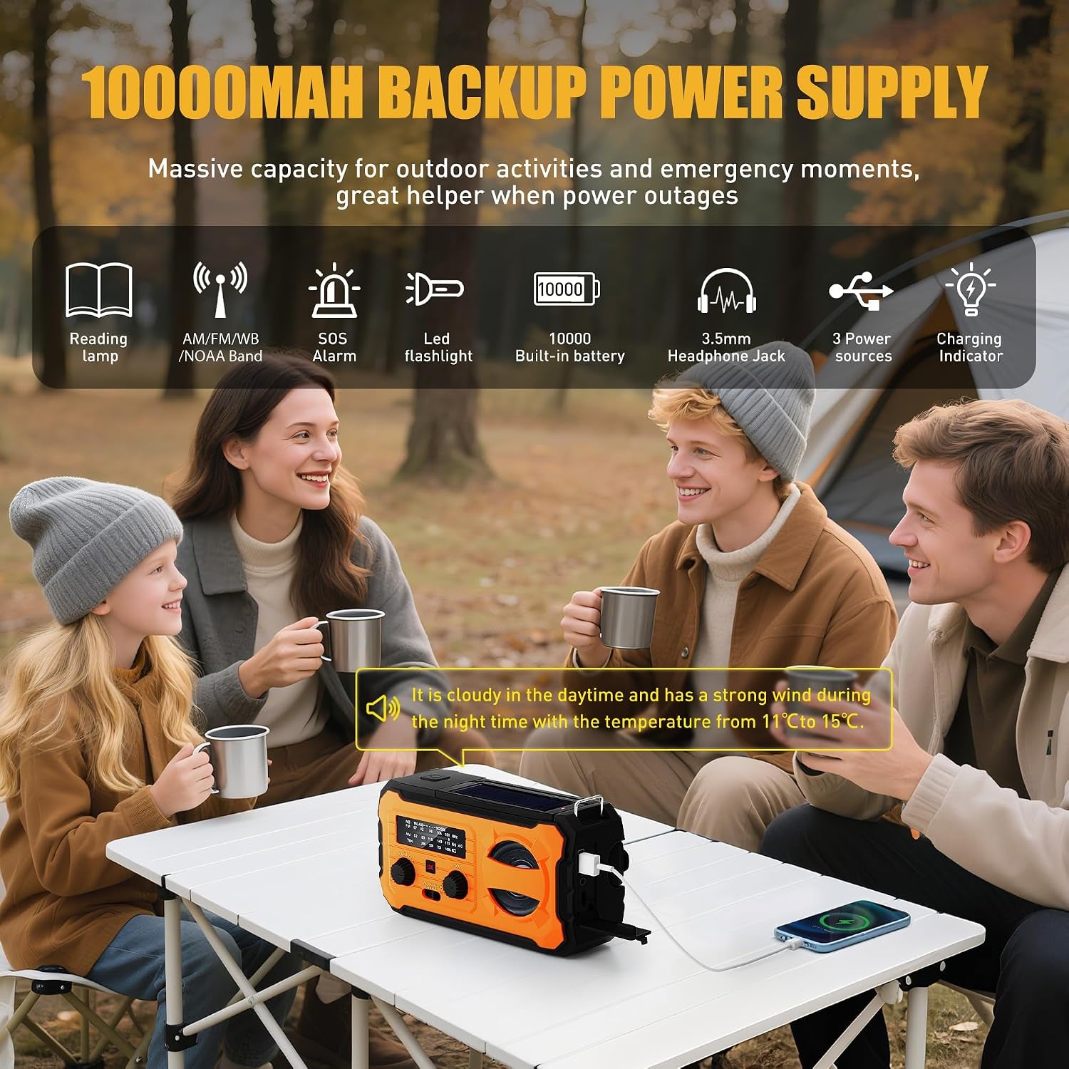 Hand Crank Emergency Radio 10000Mah Weather Radio with AM/FM/NOAA, Orange | Emergency Weather Radio with Solar Prower SOS Phone Charging LED Flashlight, Survival Gear for Outdoor Home Emergencies Kits