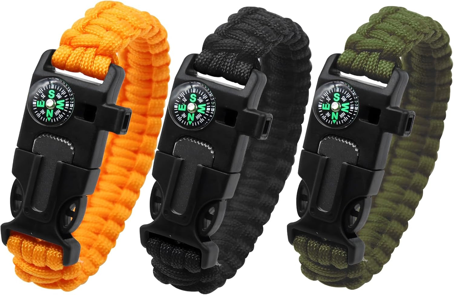 Survival Bracelet Set, 3 Pack with Compass and Whistle | 3 Paracord Bracelets with Compass, Whistle and Magnesium Fire Starter for Camping, Hiking and Emergency Kits