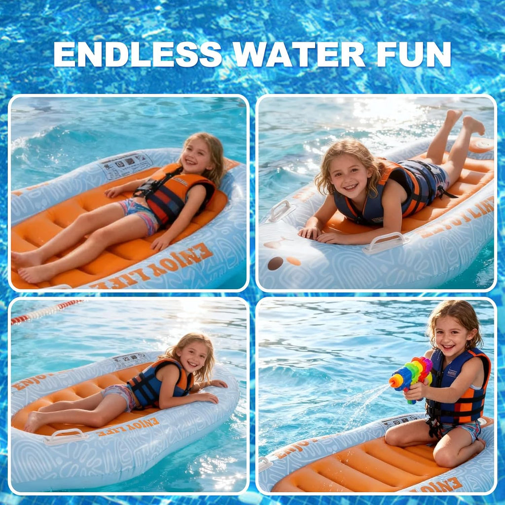 Inflatable Boogie Board for Kids, Penguin Surfboard with Built-In Press Pump, 27.5" Wide Anti-Flip Pool Float, Beach Swim Board with Dual Handles.
