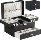 Jewelry Organizer Box, Large Jewelry Boxes for Women Girls, Space-Saving 3 Layers Jewelry Storage Case with Drawer, Movable Metal Stand, Modern, Gift Idea (Black)