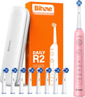 R2 Rotating Electric Toothbrush for Adults with 8 Brush Heads, 5 Modes Rechargeable Power Toothbrush with Pressure Sensor, Pink