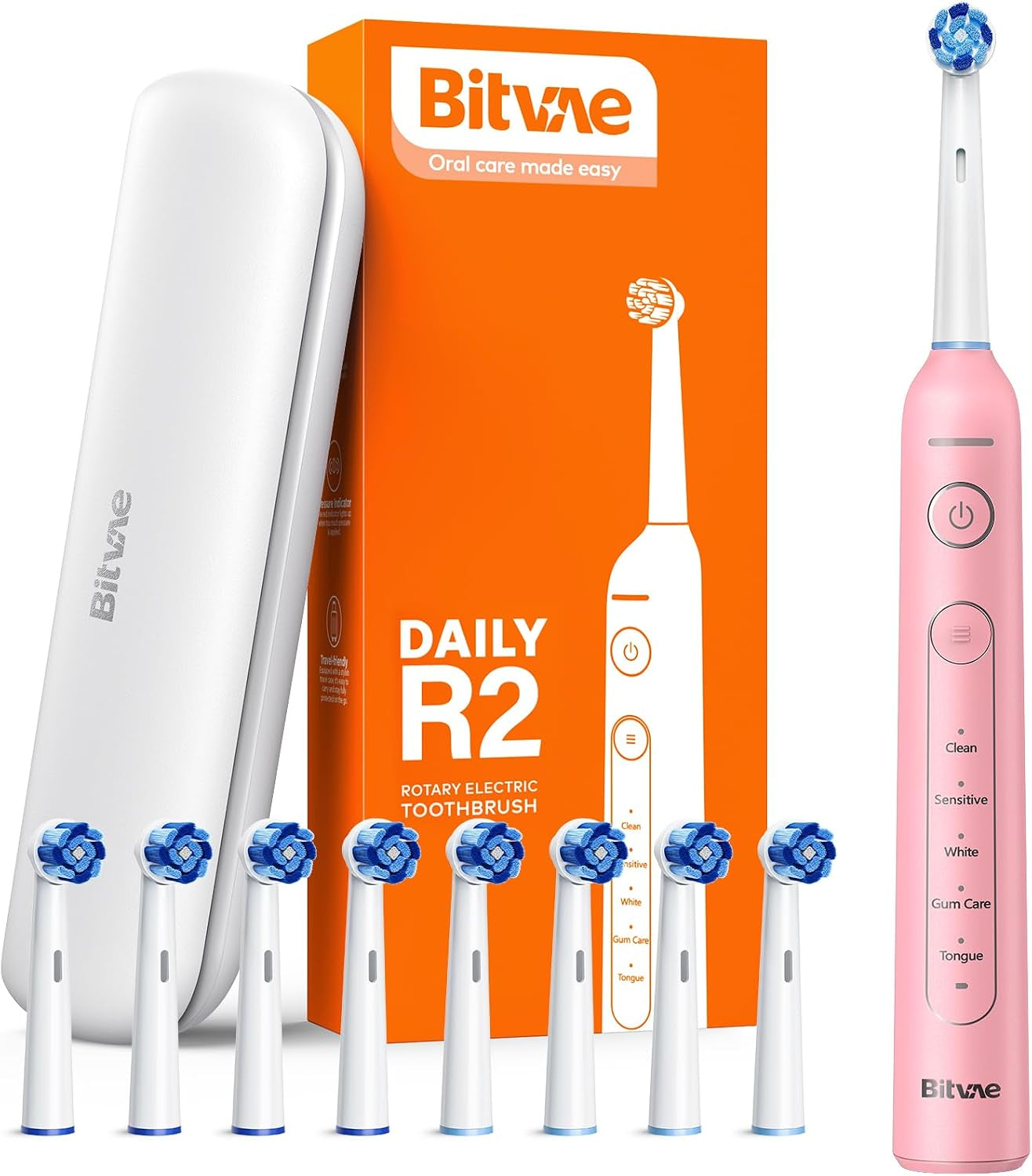 R2 Rotating Electric Toothbrush for Adults with 8 Brush Heads, 5 Modes Rechargeable Power Toothbrush with Pressure Sensor, Pink