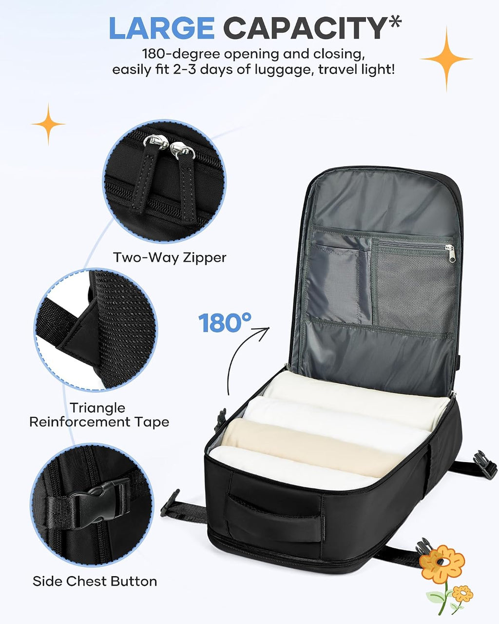 Large Black Travel Backpack Carry on Flight Approved Mochila De Viaje Personal Item Backpack for Airlines Frontier Airlines Personal Item Bag Large Backpacks for Travel Backpacks for Men Women
