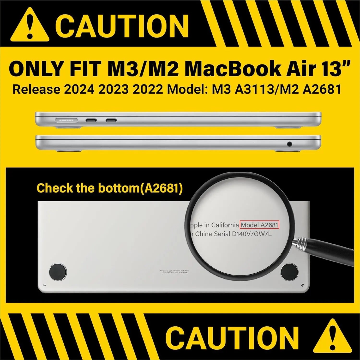 Compatible with 2024 2023 2022 Macbook Air 13 Inch Case M3 A3113 M2 A2681, Hardshell Case & Keyboardcover & Screenfilm & Type-C Adapter for Mac Air 13.6, Crystal Clear, AT13-KK-CYCL+2TC