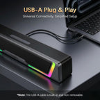 Computer Speakers for Desktop PC, AUX Wired Computer Sound Bar | USB Powered, Plug & Play, PC Speakers for Desktop & Laptop, RGB Lights, Inline-Controlled, Compact Design, Gaming Speakers