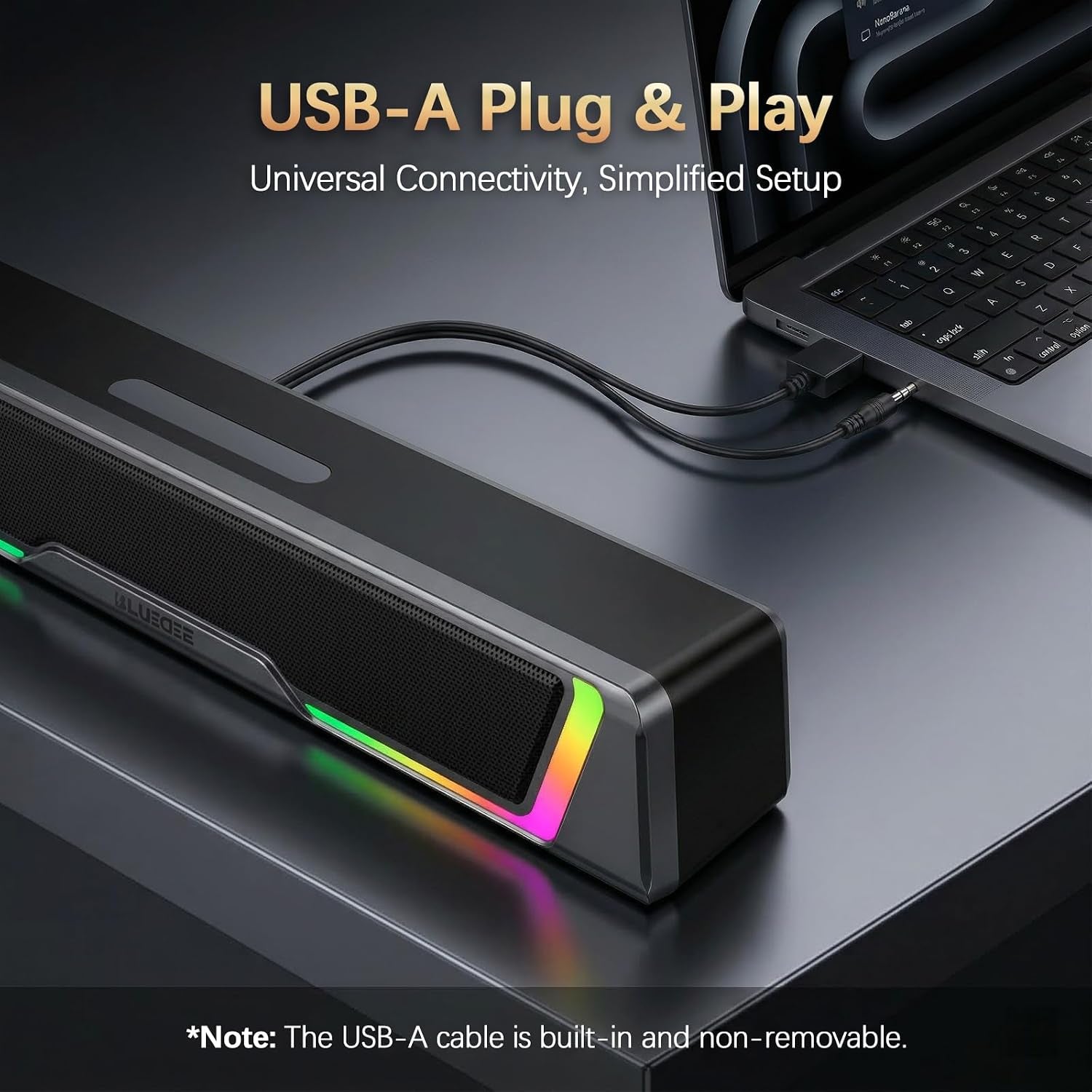 Computer Speakers for Desktop PC, AUX Wired Computer Sound Bar | USB Powered, Plug & Play, PC Speakers for Desktop & Laptop, RGB Lights, Inline-Controlled, Compact Design, Gaming Speakers