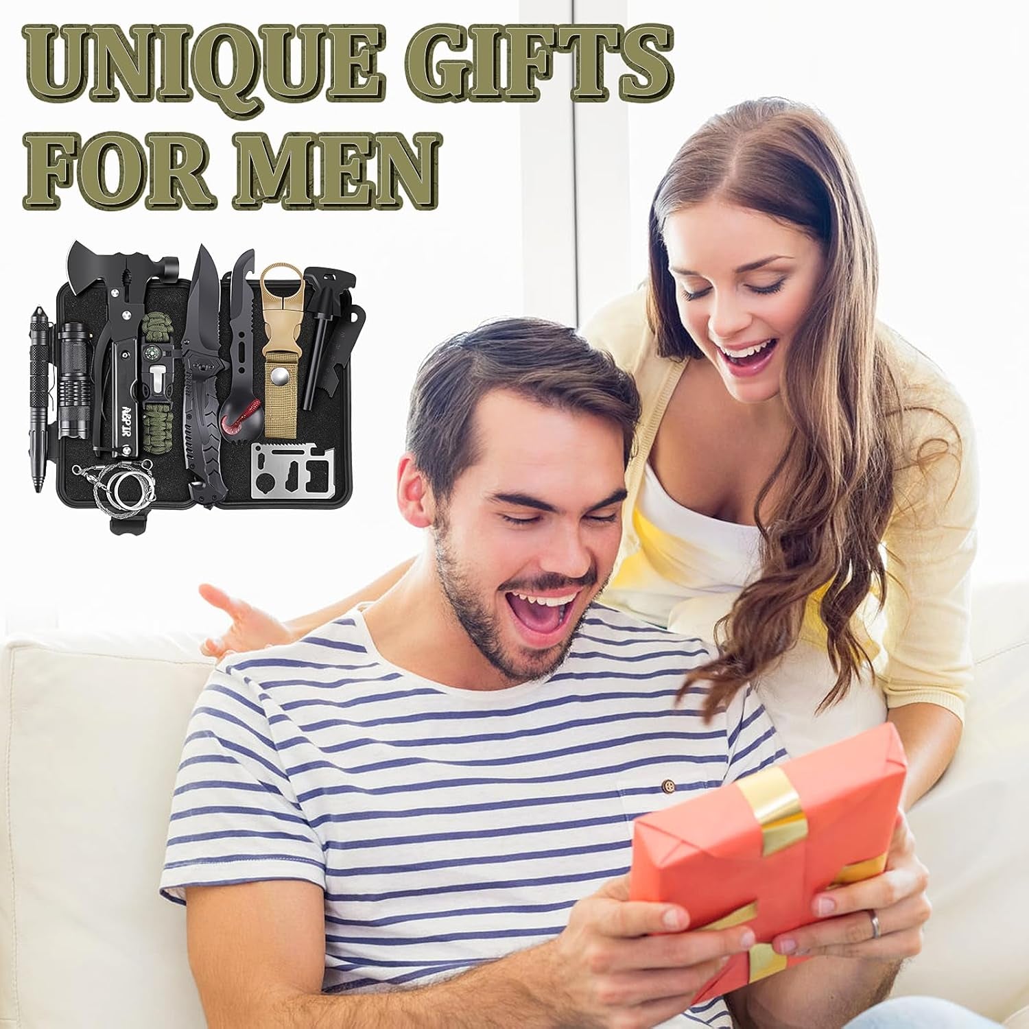 Gifts for Men Fathers Day Dad Husband Boyfriend Him, Survival Kits, 14 in 1 Survival Gear Camping Essentials Cool Gadgets for Camping Hiking Wilderness Adventures and Disaster Preparedness