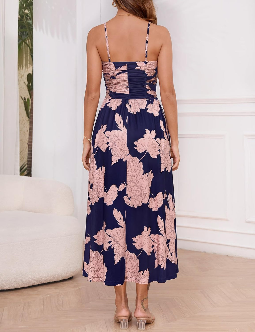 Women'S Summer Adjustable Spaghetti Strap Ruched Maxi Sun Dress | Dress with Pockets, Lined Bodice, Boho Floral Print, Perfect Summer Dress for Wedding Guest, Beach, Vacation, Resort Wear