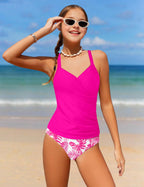 Girls Tankini Swimsuit Twist V Neck Bathing Suit Ruched Girls Swimsuit Two Piece Printed Girls' Swimwear 9-16 Years