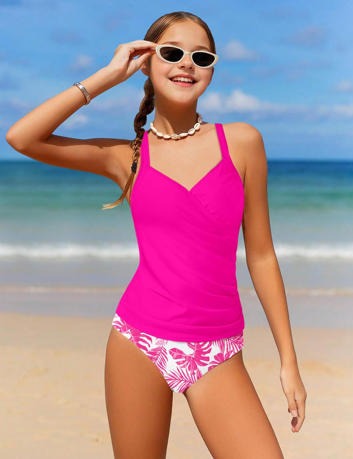 Girls Tankini Swimsuit Twist V Neck Bathing Suit Ruched Girls Swimsuit Two Piece Printed Girls' Swimwear 9-16 Years