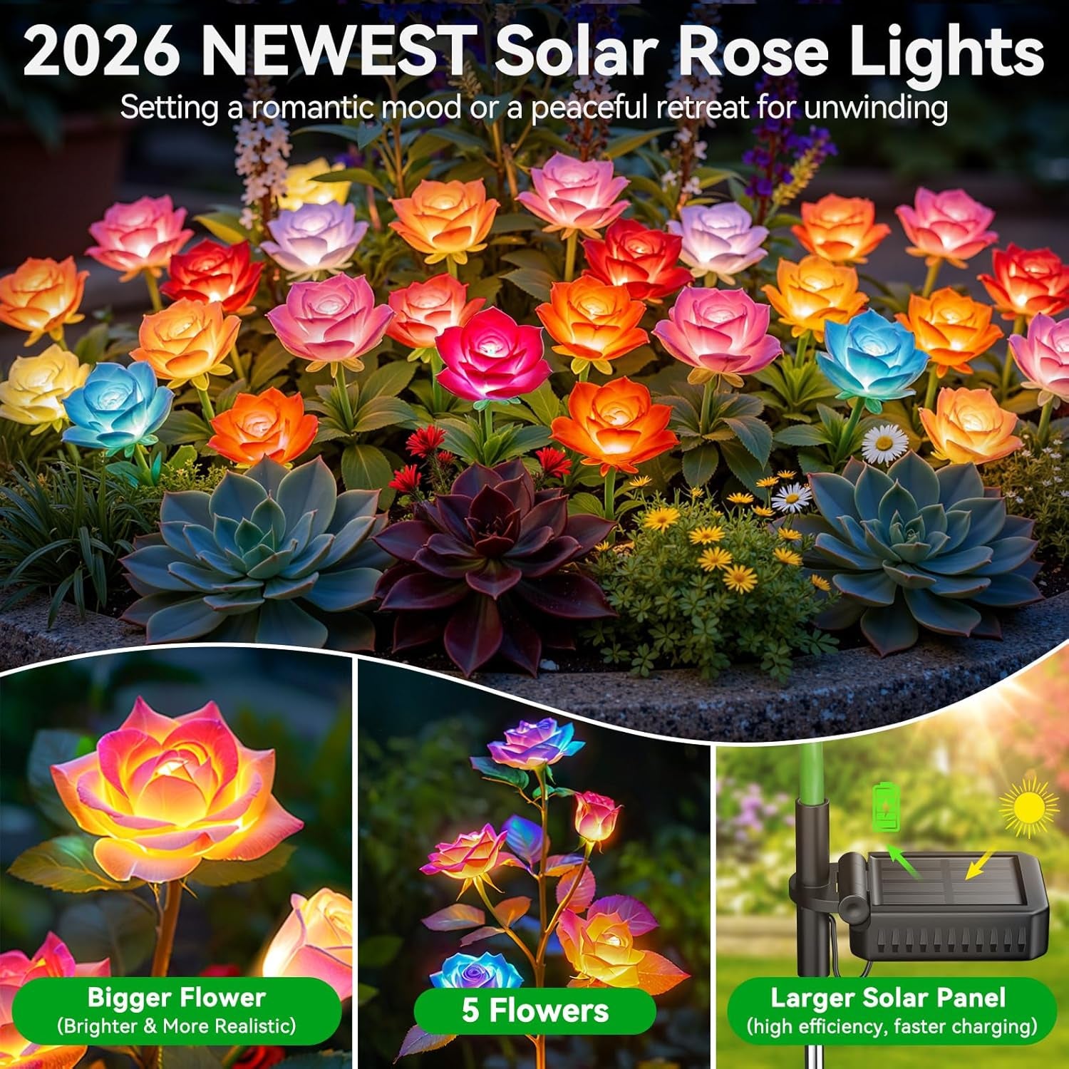6 Pack Solar Lights Outdoor Garden Decor, 7 Color Changing Solar Flowers Outdoor Waterproof with 30 Bigger & Realistic Rose, Enlarged Size Panel for Patio Yard Garden Cemetery Decoration, Gifts