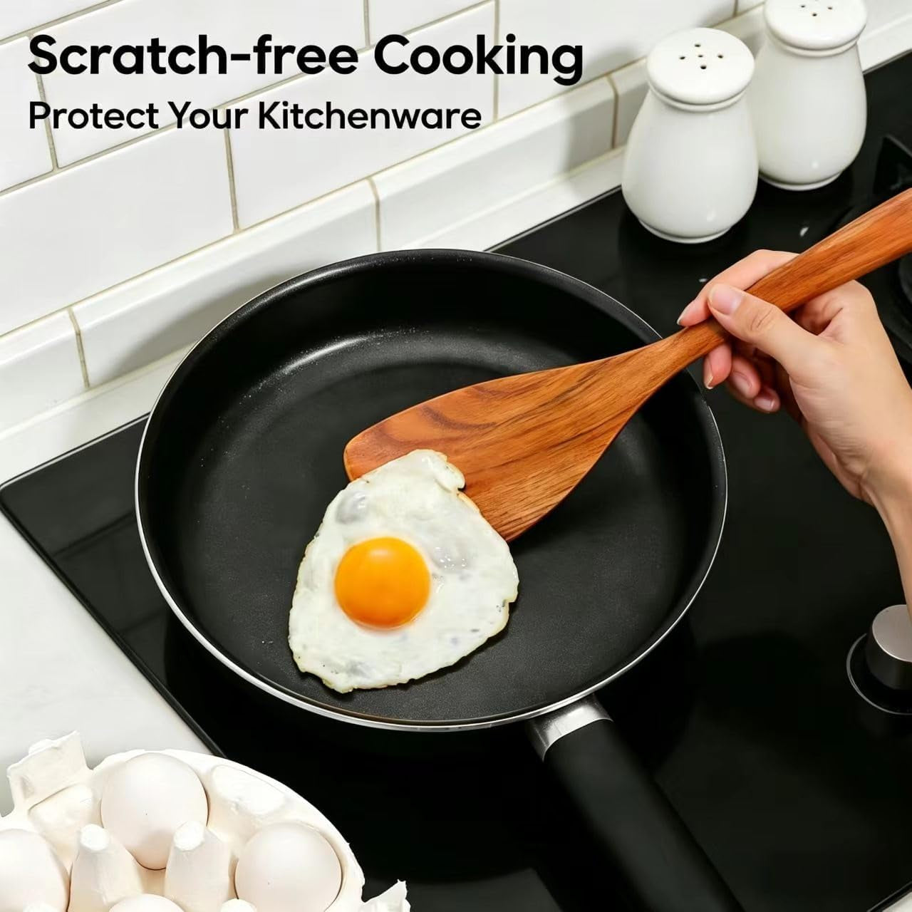 Wooden Cooking Utensils Set with Holder, 8 Pcs Teak Wood Kitchen Utensils for Nonstick Cookware, Wooden Spoons and Spatulas for Cooking, Farmhouse Kitchen Accessories