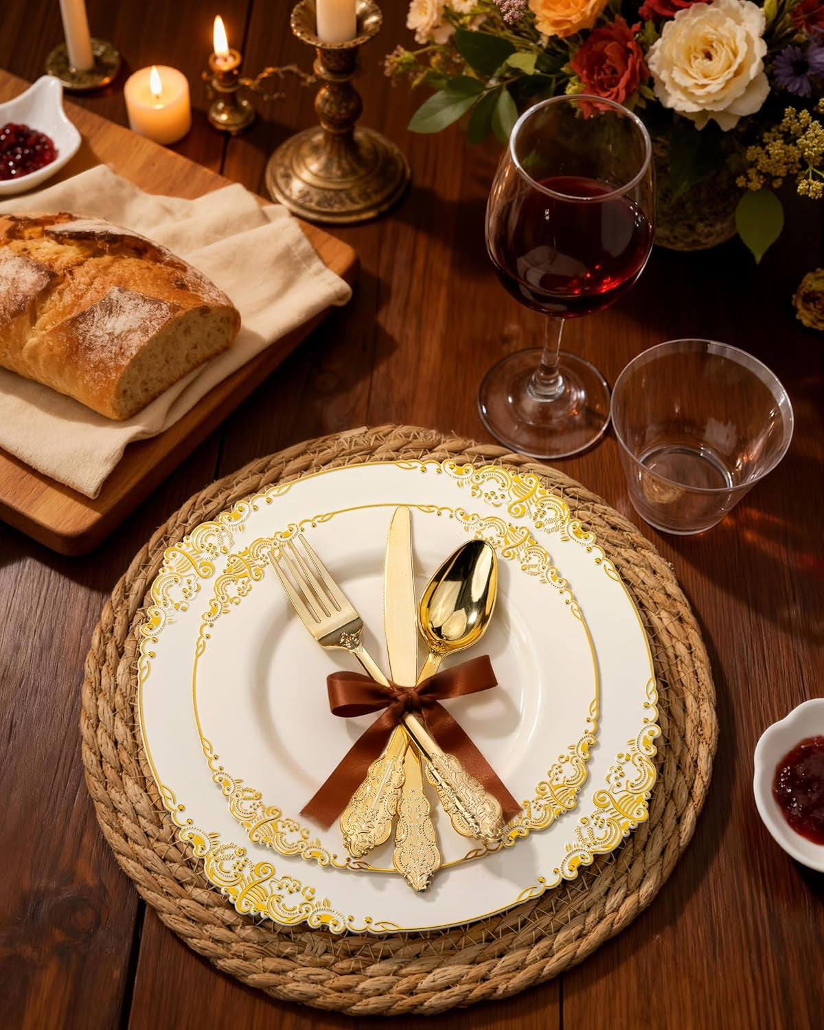 350PCS Ivory Plastic Plates - Ivory Gold Plastic Dinnerware Sets for 50 Guests - 100 Gold Disposable Plates, 50 Pre Rolled Silverware Sets, 50 Cups Perfect for Wedding & Party