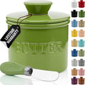 Butter Crock with Lid for Countertop with Spreader Knife and Water Line, Soft Spreadable Butter, Ceramic French Butter Dish with Lid, Green