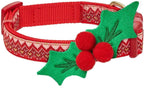 Christmas Dog Collar for Small Dogs, Festive Chevron Design with Detachable Holly Décor & Bow, Adjustable Neck 12"-16"