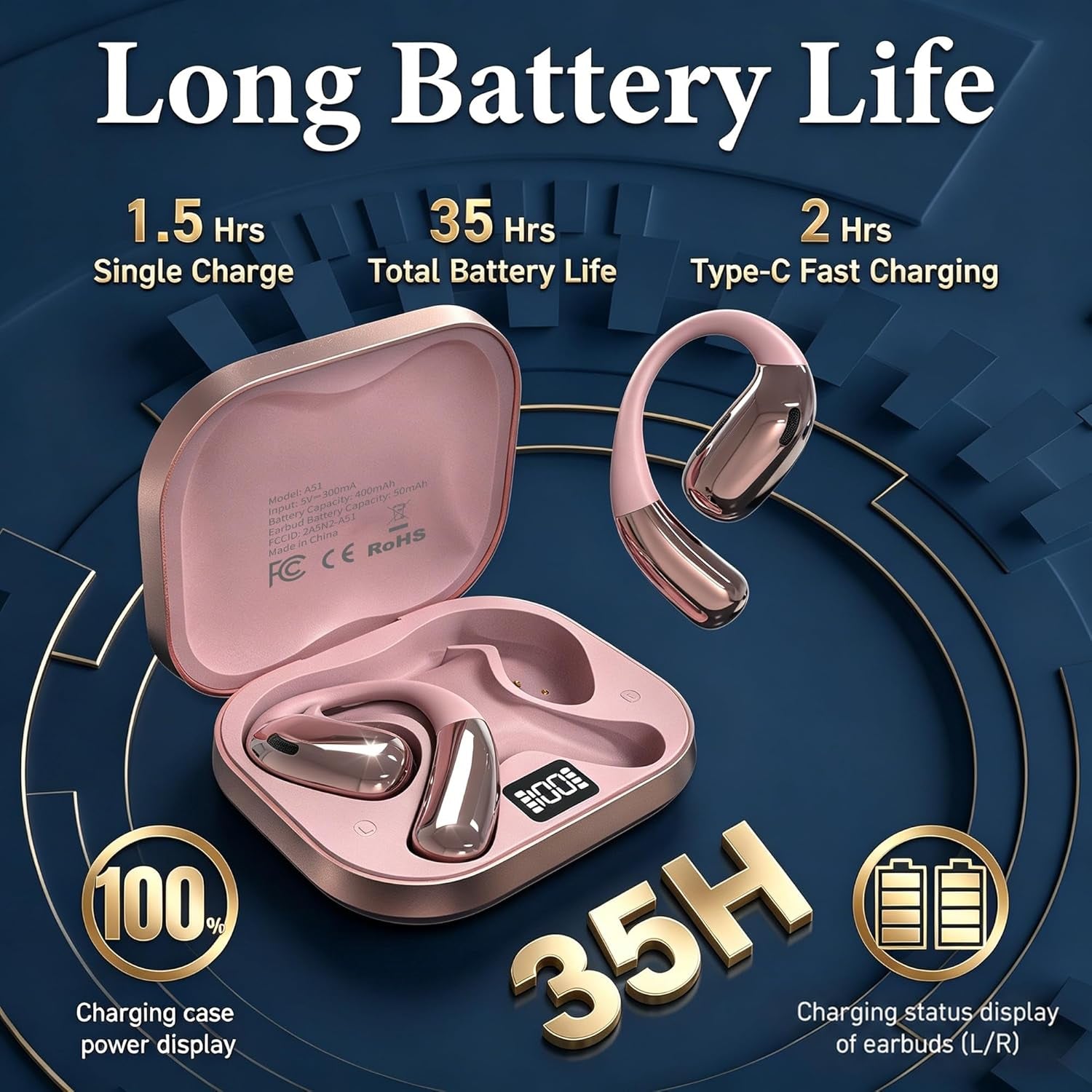 Open Ear Headphones, Wireless Headphones with Smart Digital Display & Mic, Open Ear Earbuds 35H Playtime, Sweat Resistant & Waterproof, Secure Comfortable Fit - Running, Sport, Daily (Rose Gold)