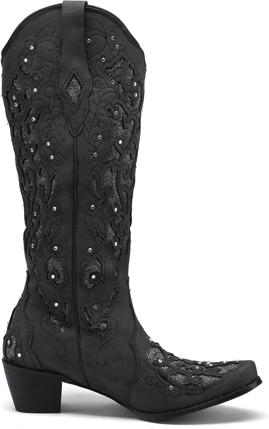 Black Cowgirl Boots for Women Cowboy Boots Western Boots Chunky Heel Pointed Toe Pull on Rhinestones Knee High Boots