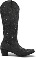 Black Cowgirl Boots for Women Cowboy Boots Western Boots Chunky Heel Pointed Toe Pull on Rhinestones Knee High Boots