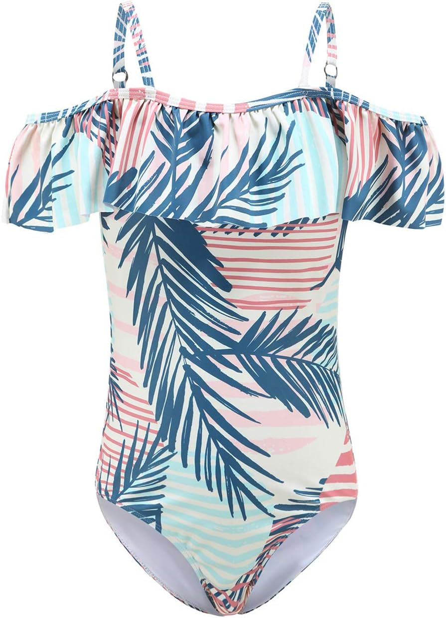 Girls One Piece Swimsuits One Shoulder Ruffle Swimwear Floral Bathing Suit