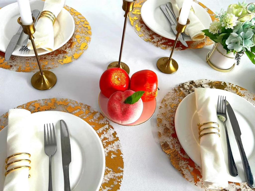 Disposable Gold Placemats Set of 50 Metallic Thin round 13 Inch Gold Doilies Mesh Pressed Fall Table Placemates 50 Pack Gold Charger Plates for Wedding, Birthday Party