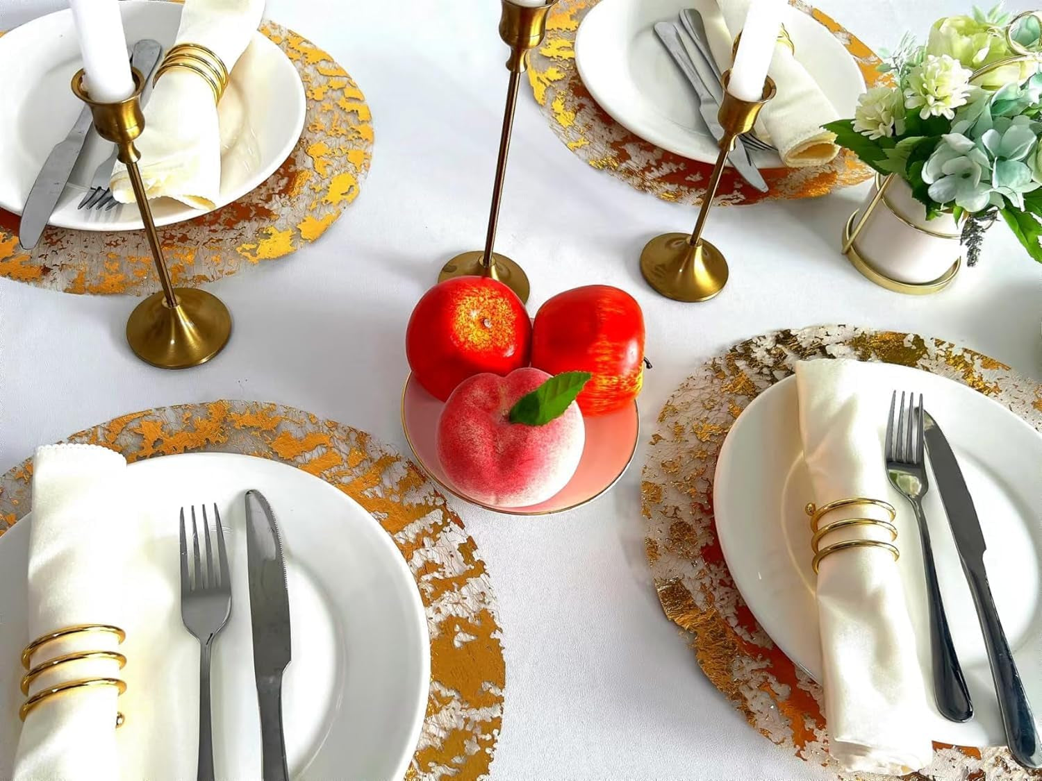 Disposable Gold Placemats Set of 50 Metallic Thin round 13 Inch Gold Doilies Mesh Pressed Fall Table Placemates 50 Pack Gold Charger Plates for Wedding, Birthday Party