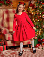 Girl'S Button Dresses down Long Sleeve Sundress A-Line Dress With