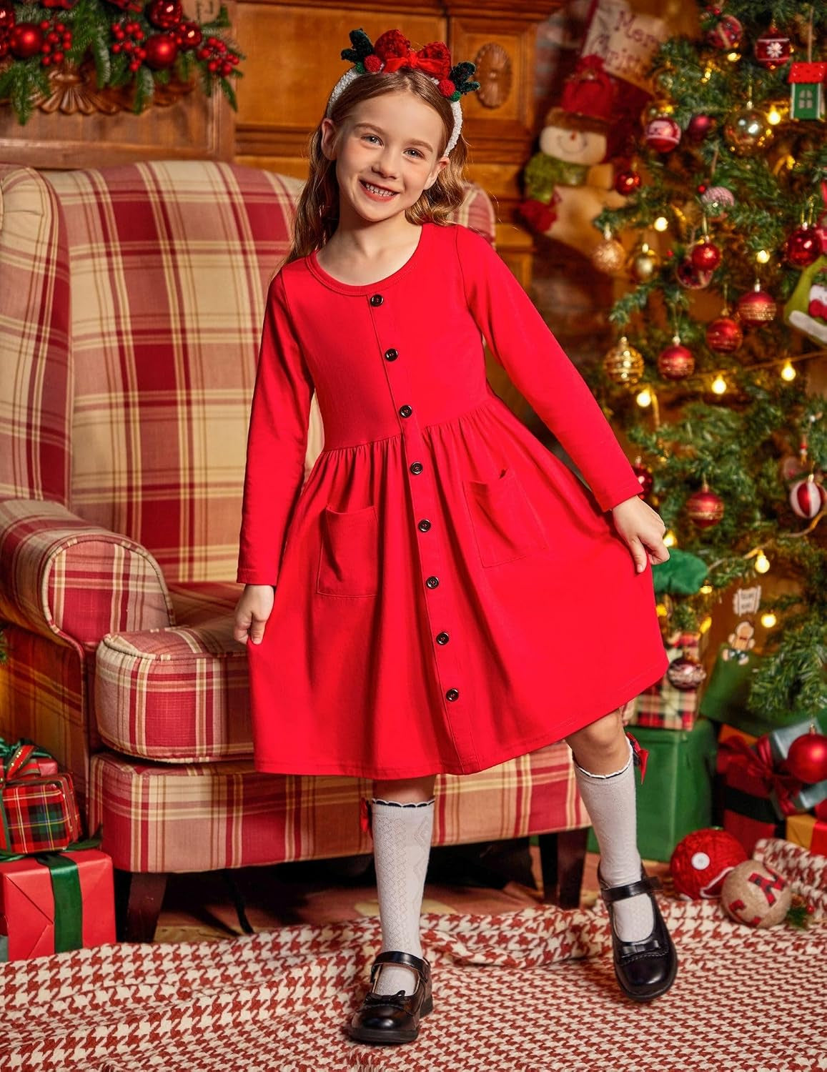 Girl'S Button Dresses down Long Sleeve Sundress A-Line Dress With
