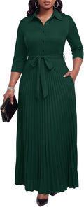 Womens Maxi Dress 3/4 Sleeve Button down Pleated Church Work Dress | Business Casual Lapel Neck Work Dress with Pockets/ Elegant Tie Waist Wedding Guest Dress with Belt/ Solid Color