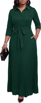 Womens Maxi Dress 3/4 Sleeve Button down Pleated Church Work Dress | Business Casual Lapel Neck Work Dress with Pockets/ Elegant Tie Waist Wedding Guest Dress with Belt/ Solid Color