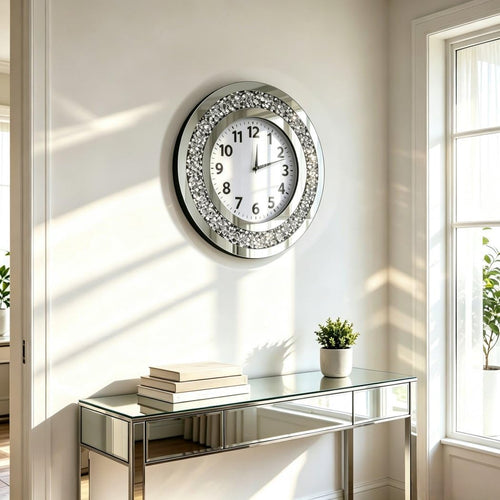 Acrylic Glass Diamond Decor round Clock, 15.7X15.7X1.7 Inches Silver Glass round Decorative Clock, Silent Quartz Movement (No Second Hand), Modern Sparkle Home Decor (AA Battery Not Included)