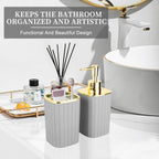 Grey Bathroom Soap Dispenser and Toothbrush Holder for Boho Bathroom Decor | 2 Piece Bathroom Accessories Set for Bathroom Countertop Storage and Housewarming Gifts