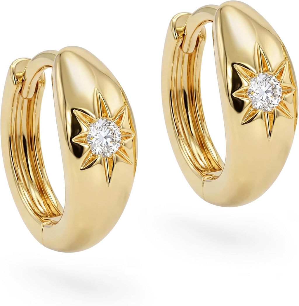 Chunky Huggie Hoop Earrings for Women Starburst Beaded Styles | 18K Gold Plated Brass, Triple or Single Cubic Zirconia Star Details, Graduated Rounded Profile, Front Stone Row