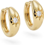 Chunky Huggie Hoop Earrings for Women Starburst Beaded Styles | 18K Gold Plated Brass, Triple or Single Cubic Zirconia Star Details, Graduated Rounded Profile, Front Stone Row