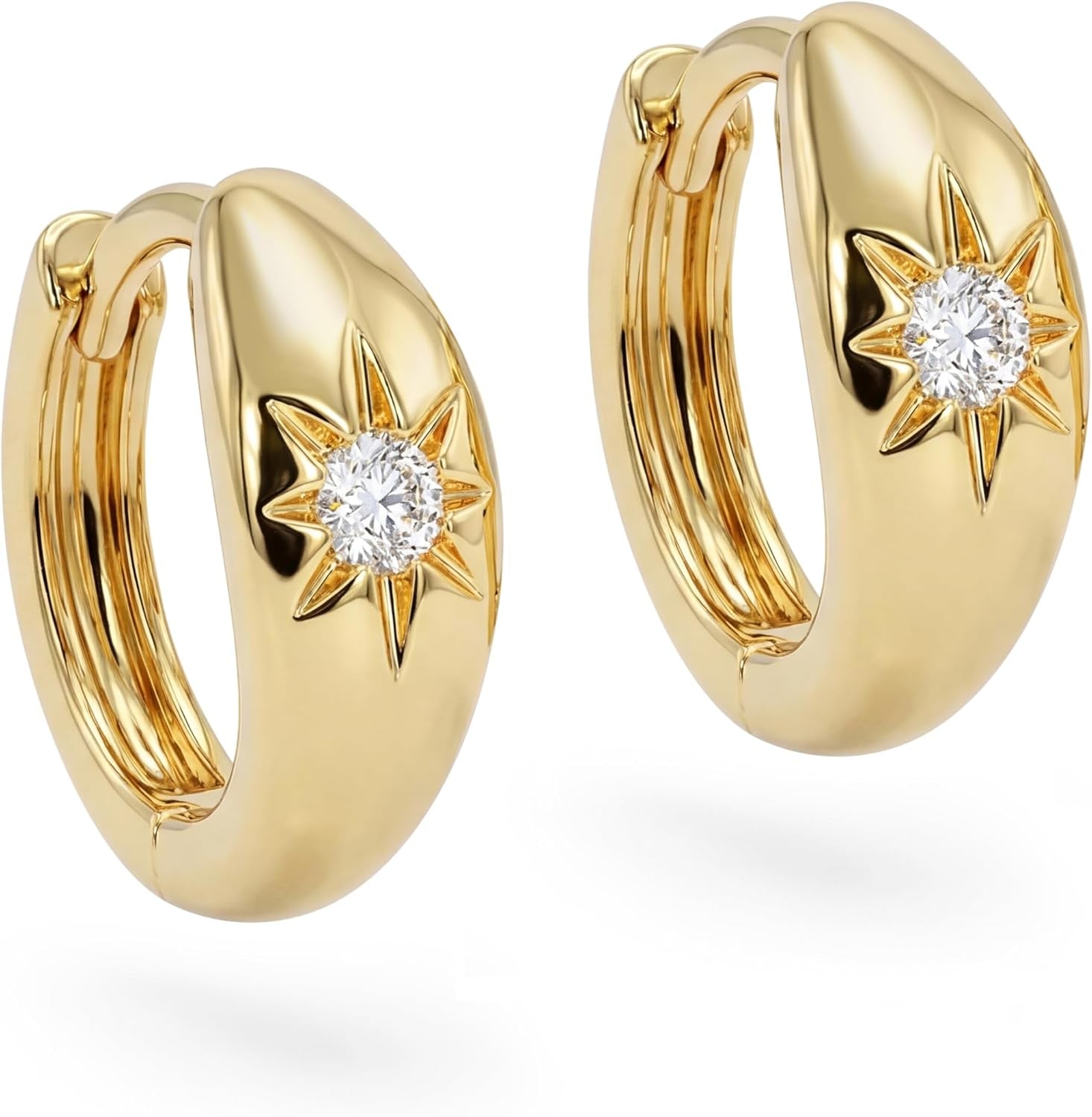 Chunky Huggie Hoop Earrings for Women Starburst Beaded Styles | 18K Gold Plated Brass, Triple or Single Cubic Zirconia Star Details, Graduated Rounded Profile, Front Stone Row