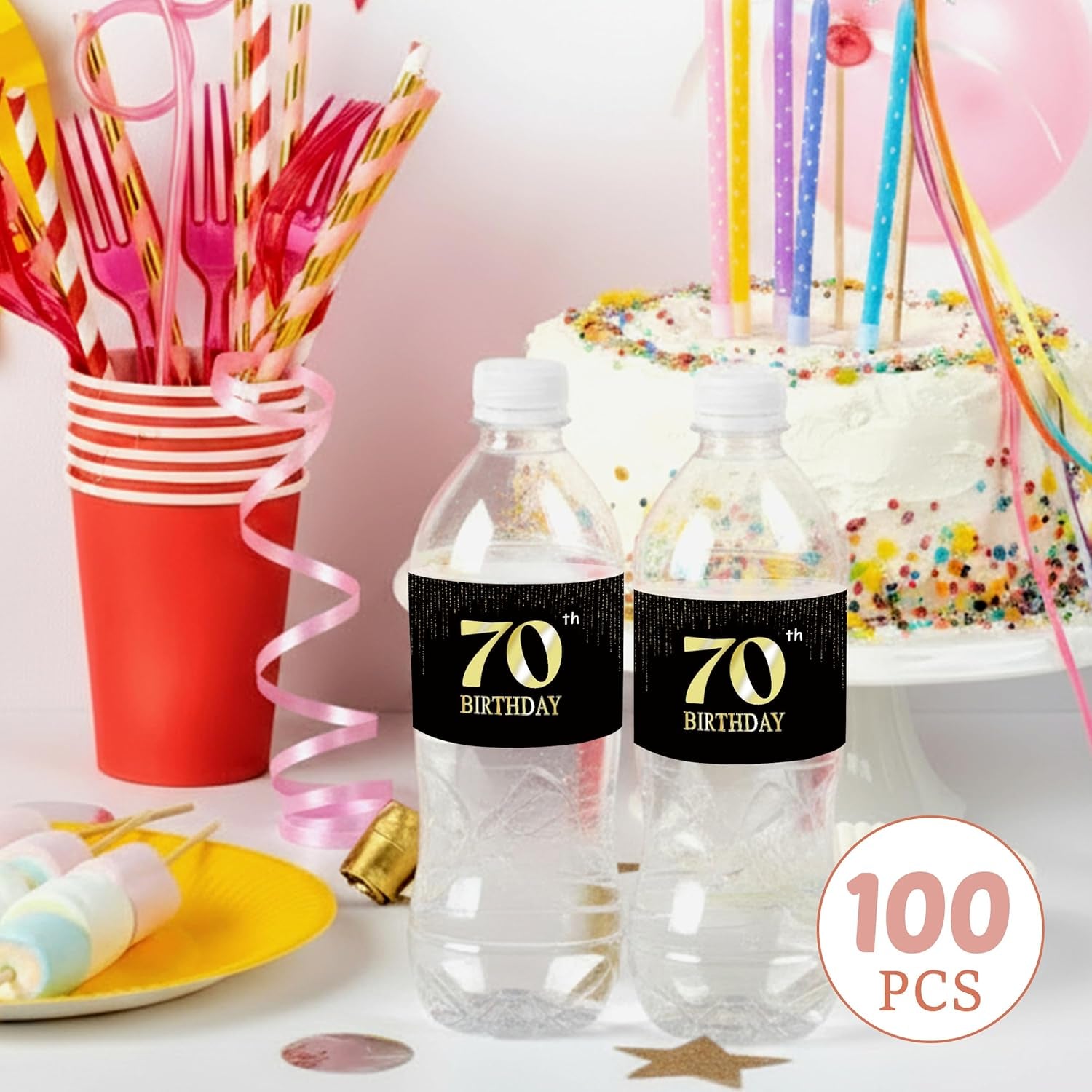 Birthday Party Water Bottle Label Stickers, Waterproof Labels for Water Bottles, Black and Gold Happy 70Th Birthday Party Decorations, Cheers to 70 Years, Anniversary Table Supplies-A31