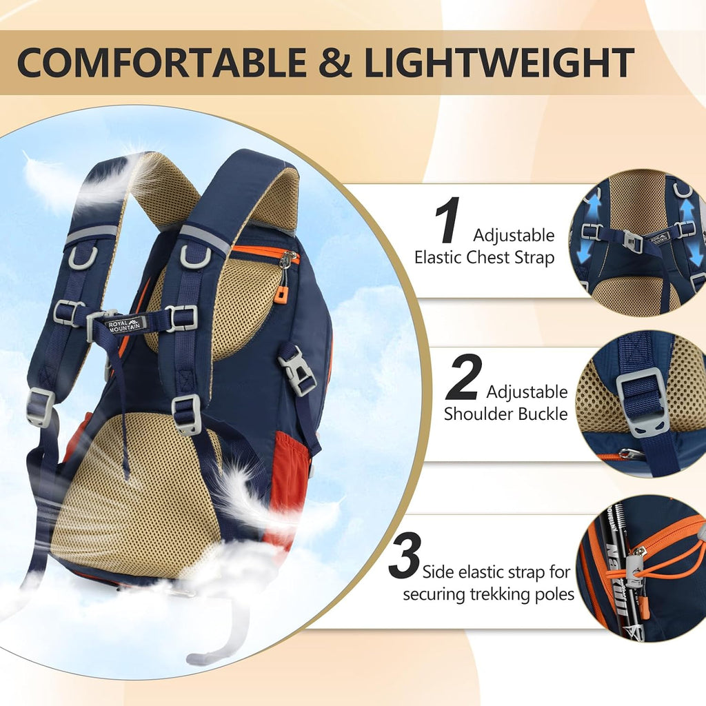 Hiking Backpack with Rain-Cover, 30L Travel Backpacks for Women Men, Camping Daypack Backpacks Lightweight, Durable Hiking Backpack Fit for Camping, Daily Commuting, Short Trips (Navy Blue)