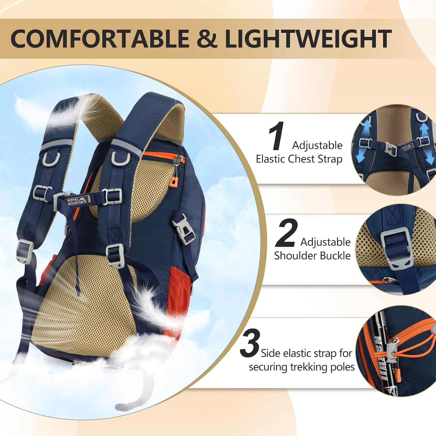 Hiking Backpack with Rain-Cover, 30L Travel Backpacks for Women Men, Camping Daypack Backpacks Lightweight, Durable Hiking Backpack Fit for Camping, Daily Commuting, Short Trips (Navy Blue)
