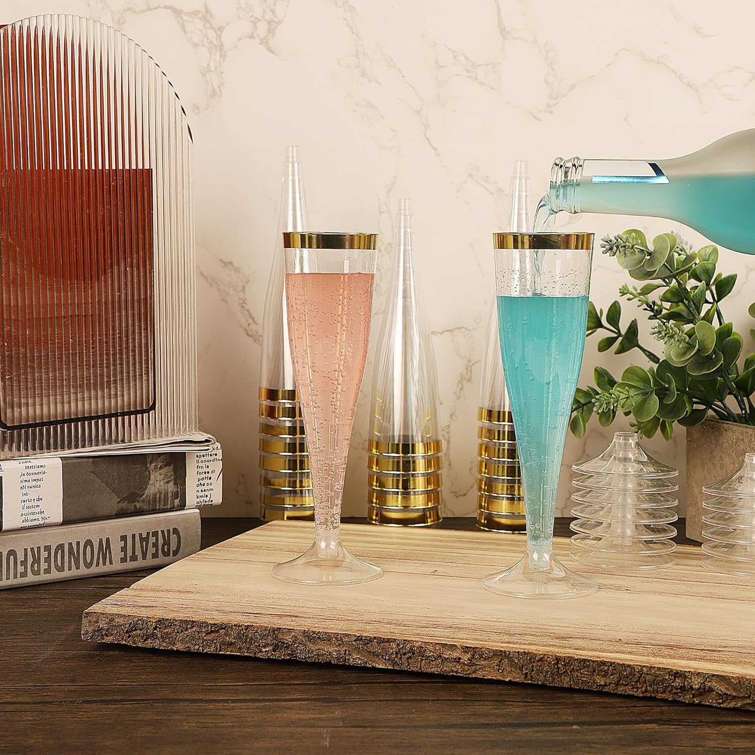 100 Plastic Champagne Flutes, 4.5Oz Clear Disposable Hard Stemware Cups with Golden Rim, Plastic Champagne Glasses for Wedding, Graduation Party, Bridal Shower, Birthday Party