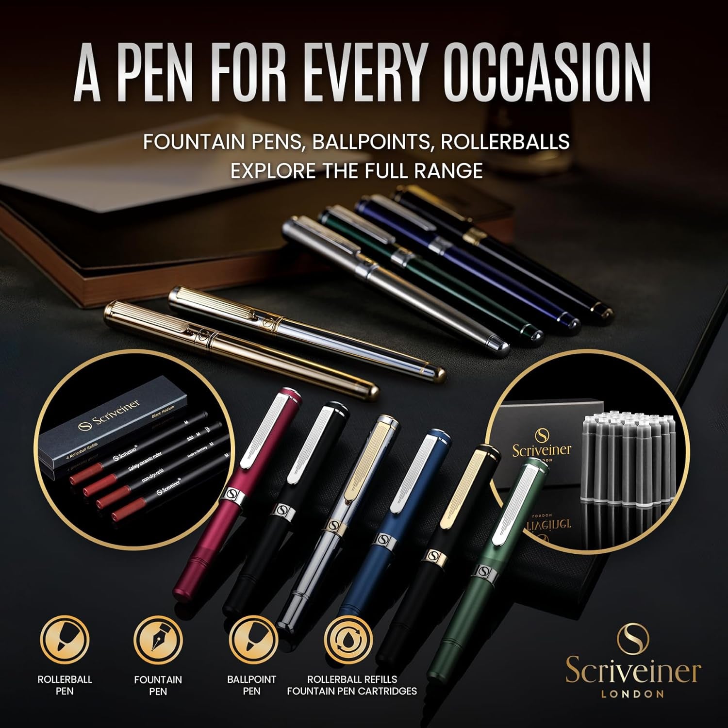 Black Lacquer Ballpoint Pen -Stunning Luxury Pen, Real Gold Plating, Schmidt Black Refill, Best Gift Set for Men & Women, Professional Executive Office, Nice Fancy Designer Pens