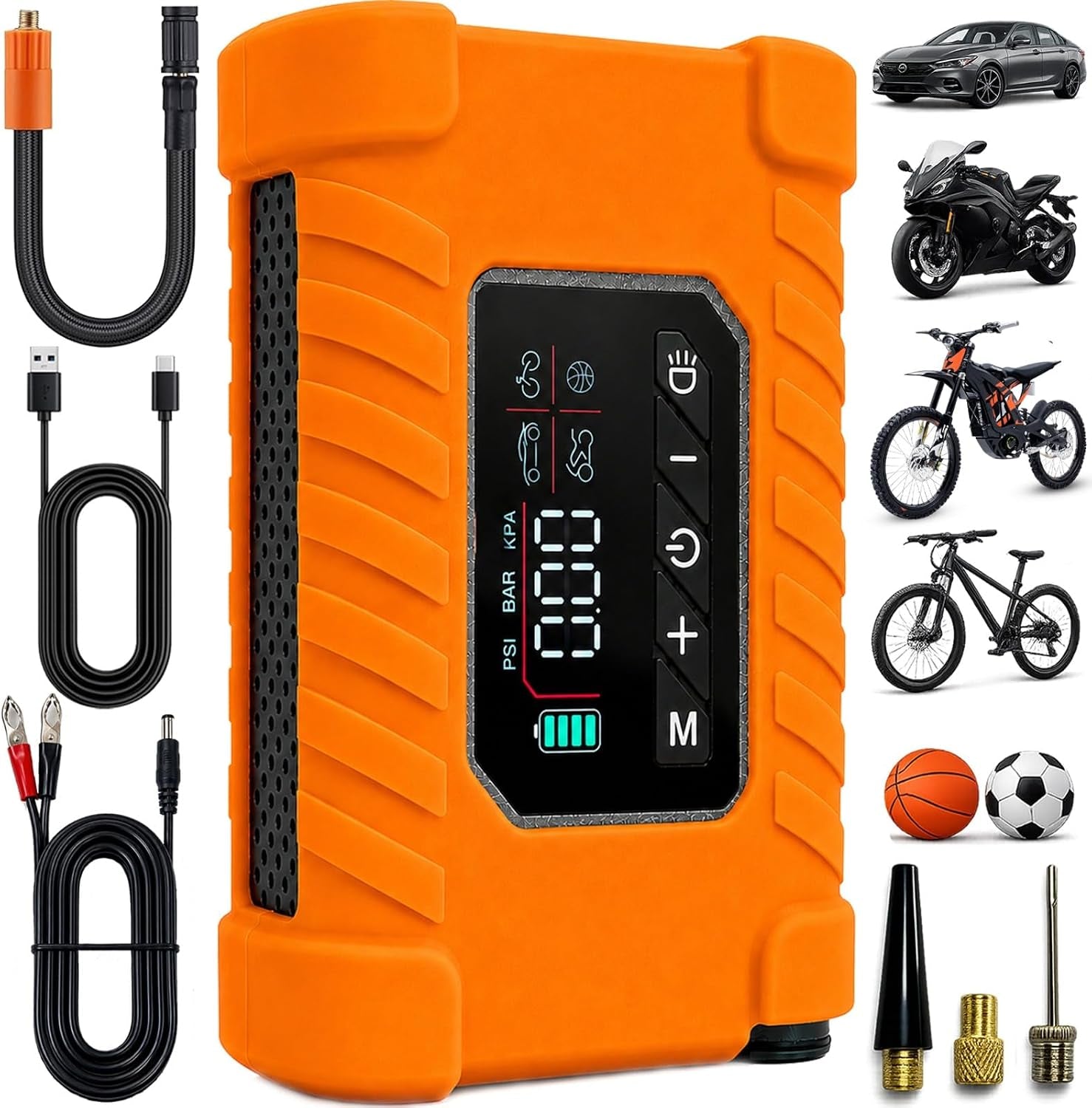 140 PSI Portable Tire Inflator for Cars, Motorcycles, Bikes & Balls | Portable Air Pump with Digital Pressure Gauge, Auto Shut-Off, Bright LED Light & Rechargeable Battery