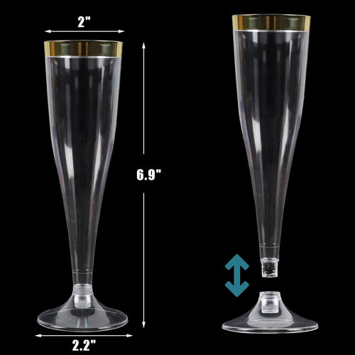 100 Plastic Champagne Flutes, 4.5Oz Clear Disposable Hard Stemware Cups with Golden Rim, Plastic Champagne Glasses for Wedding, Graduation Party, Bridal Shower, Birthday Party