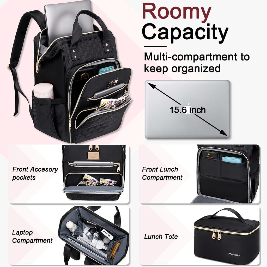 Lunch Backpack for Women,15.6 Inch Laptop Backpacks for Womens Back Pack, Travel Backpacks,Work Backpack for Women (Black)