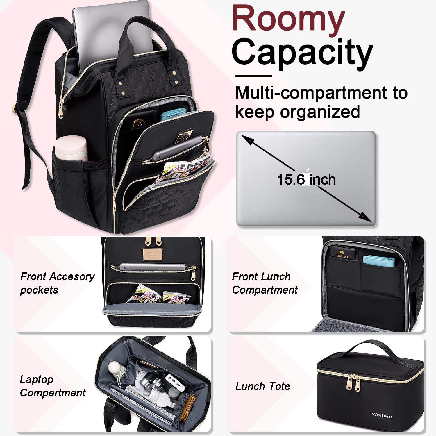 Lunch Backpack for Women,15.6 Inch Laptop Backpacks for Womens Back Pack, Travel Backpacks,Work Backpack for Women (Black)