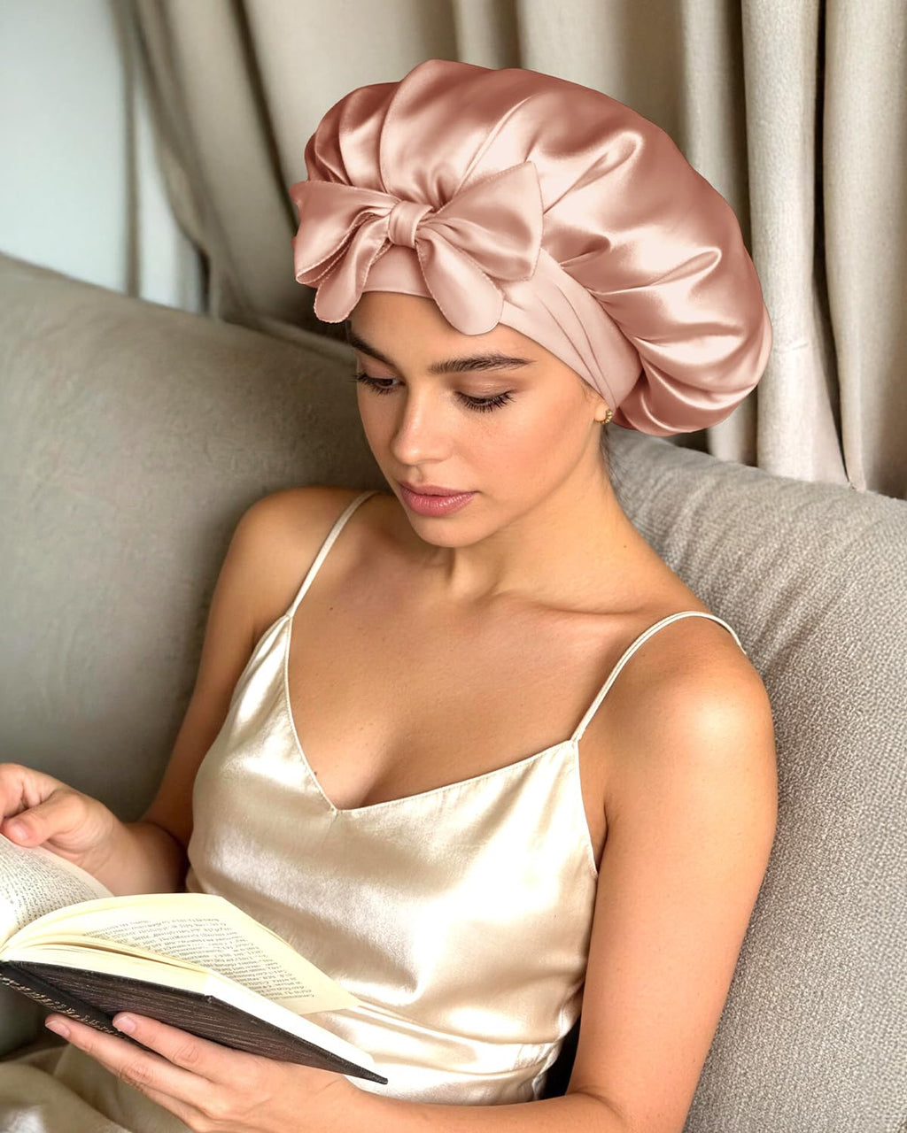 Double Layer Silk Bonnet for Sleeping for Women Satin Lined Bonnet Night Cap for Curly Hair with Tie Band,Champagne
