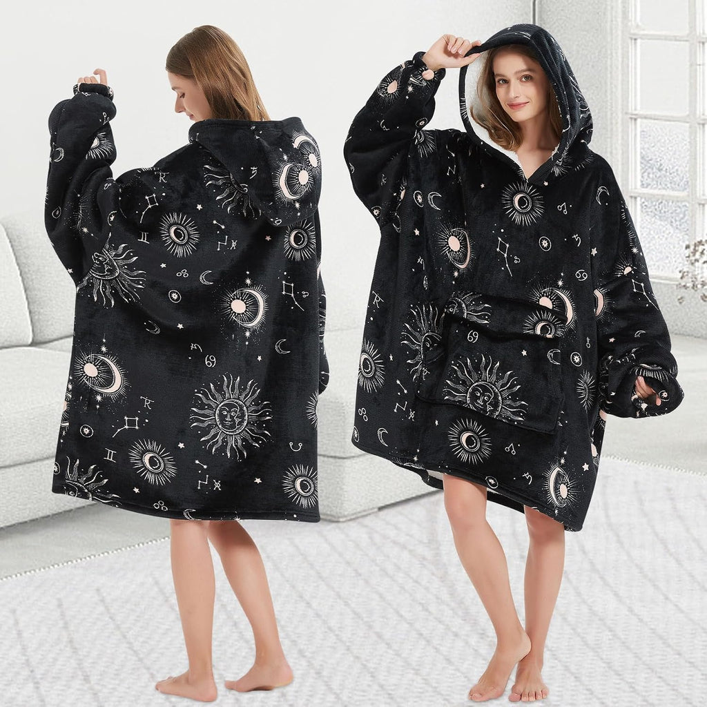 Wearable Blanket Hoodie for Adult,Oversized Sherpa Fleece Blanket Hoodie for Women Men,Sun and Moon