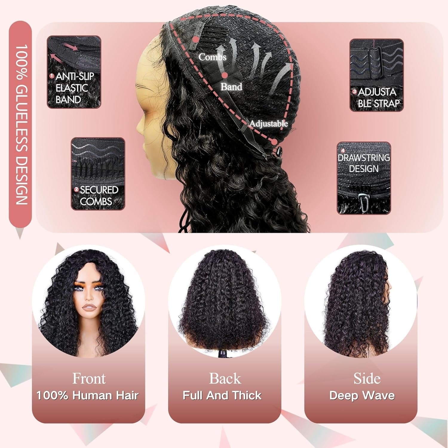 Deep Wave Half Wig Human Hair 24Inch Wear and Go Glueless Curly Wig 200% Density 3 in 1 Seamless Flip over Drawstring No Headband Wig for Black Women Beginner Friendly Natural Color