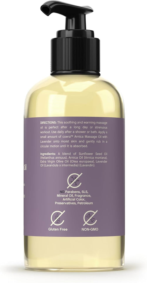 Arnica Massage Oil | 8 Fl Oz | with Lavender, Sunflower, and Olive Oil | Great for Sore Muscles | Free of Parabens, SLS, & Fragrances