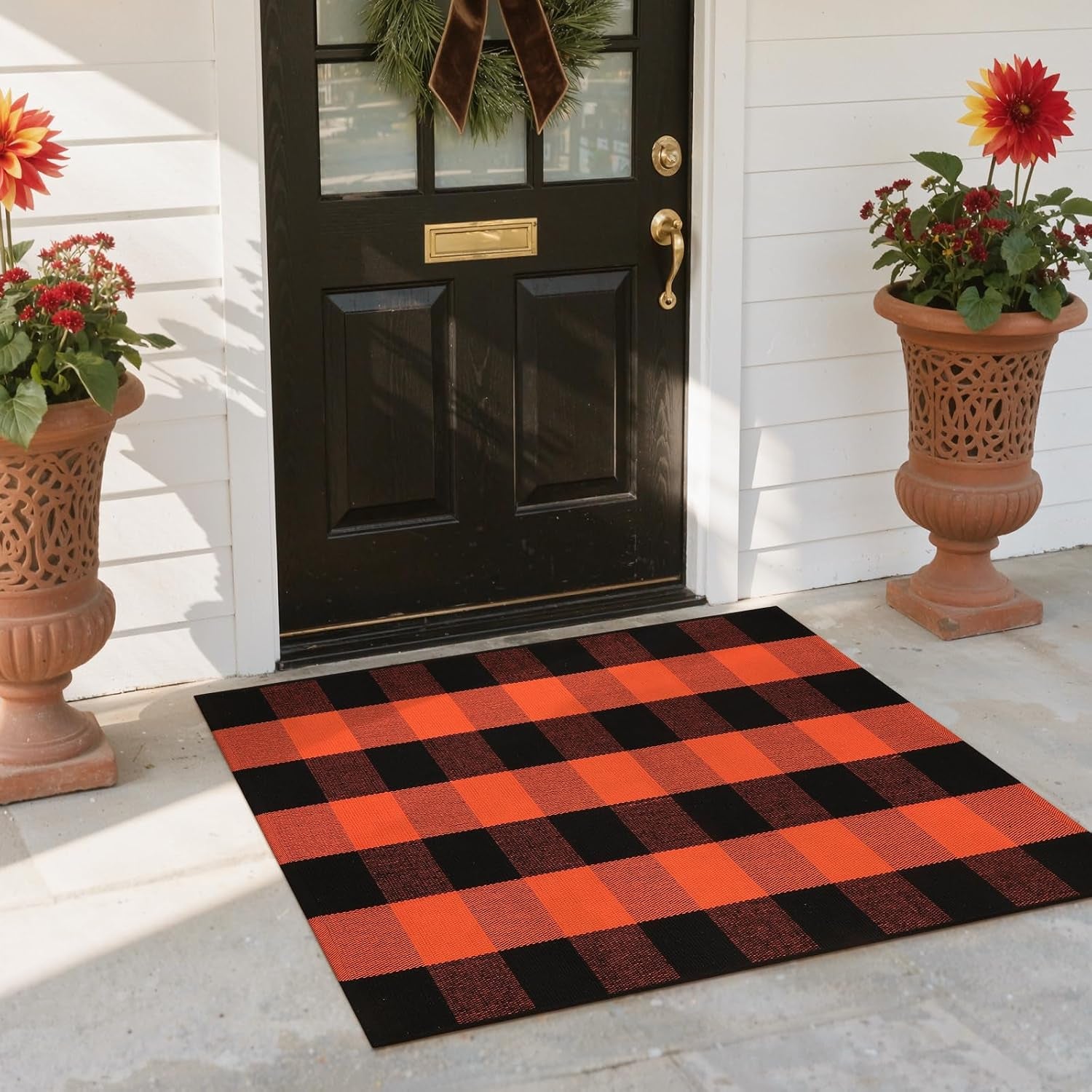 Halloween Buffalo Plaid Outdoor Rug, Fall Decor Front Porch Rug | 2'4" X 3'7" Black and Orange Washable Thanksgiving Layered Door Mat, Cotton Woven Fall Entryway Rugs for Kitchen Patio