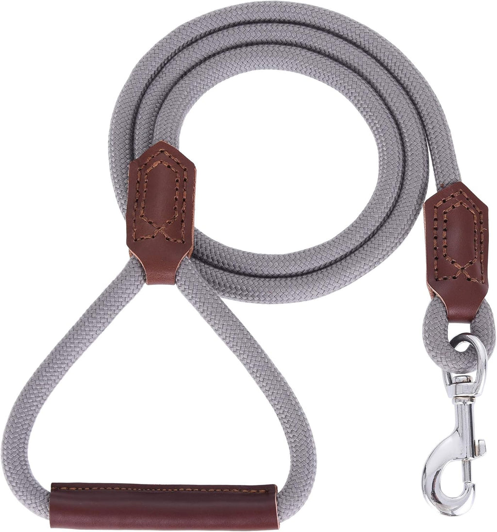 Dog Leash with Genuine Leather Connection/Handle, 4/5/6 FT | Rope Leash, Heavy Duty 360° Swivel Metal Clasp, for Small Medium & Large Dogs